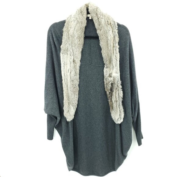 Joie Real Rabbit Fur Collar Dolman Sleeve Open Cardigan Sweater M Gray/Tan - Picture 1 of 16